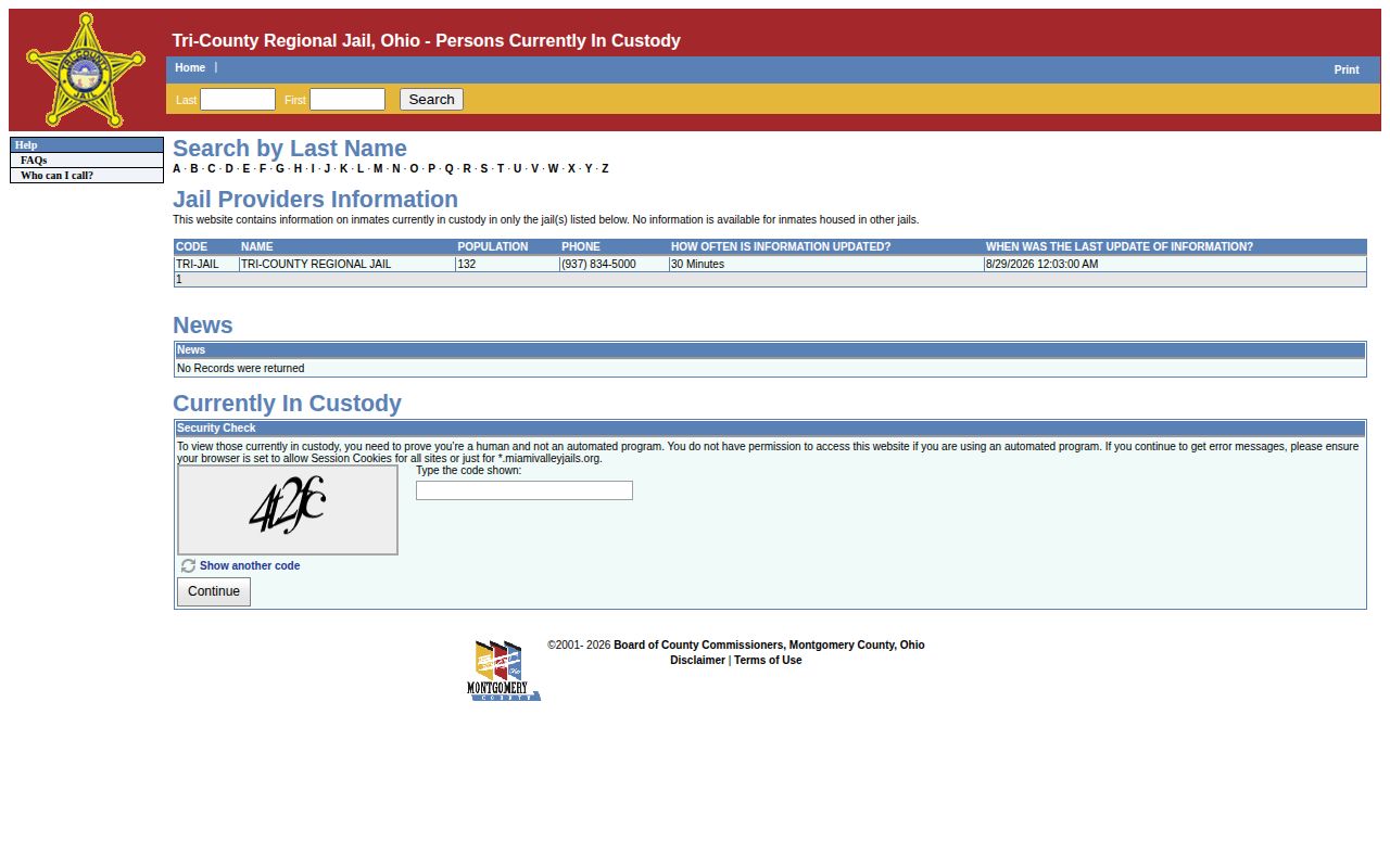 Tri-County Regional Jail current-custody roster for Madison County booking records
