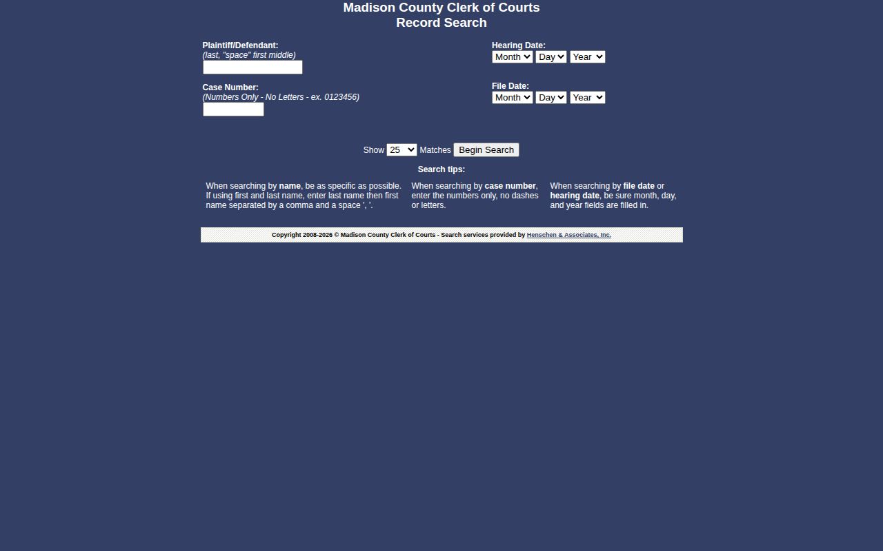 Madison County warrant record check through the Clerk of Courts search form